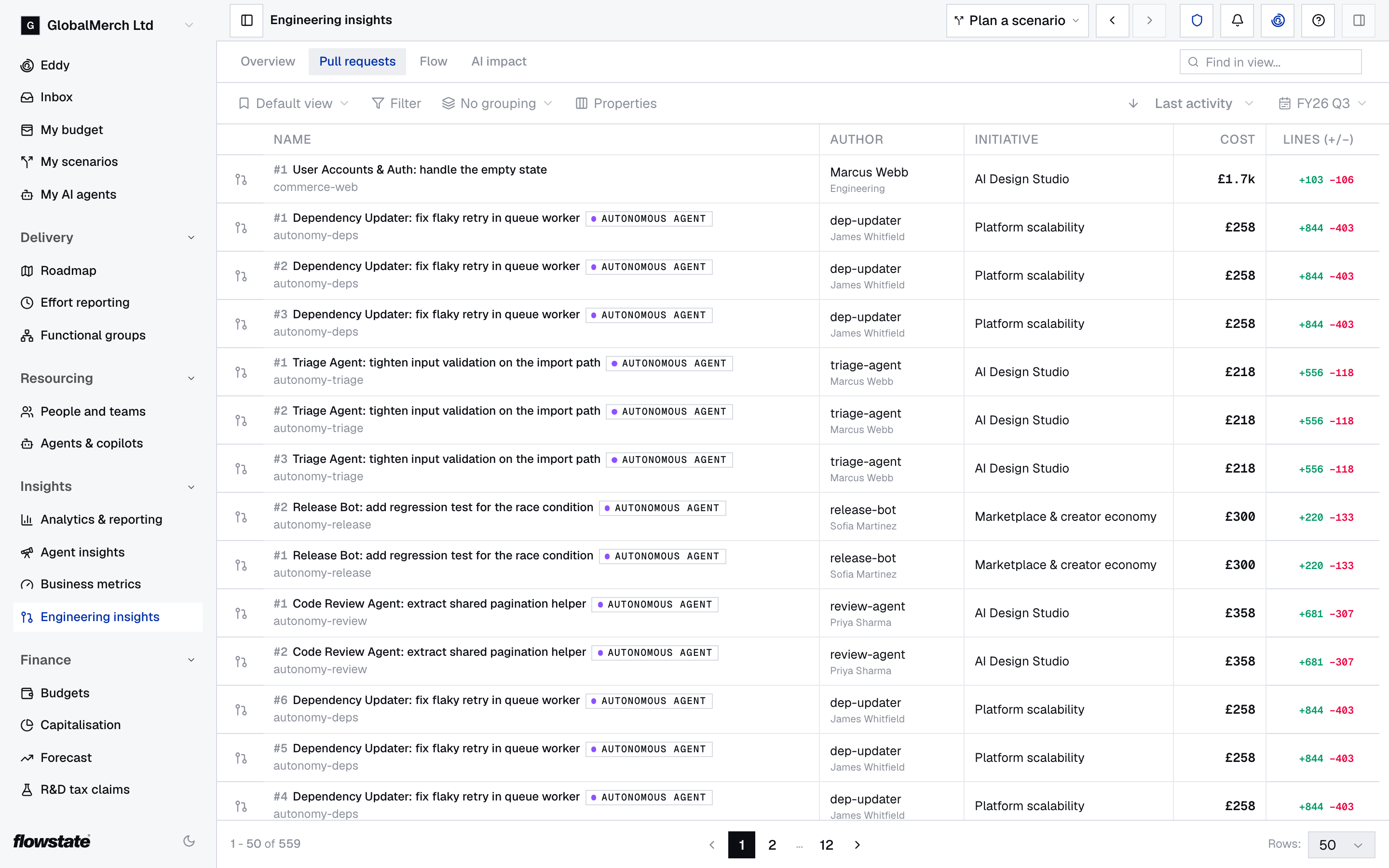 Pull requests list with author, initiative, cost and lines changed, including pull requests written by agents with the person who ran each one underneath