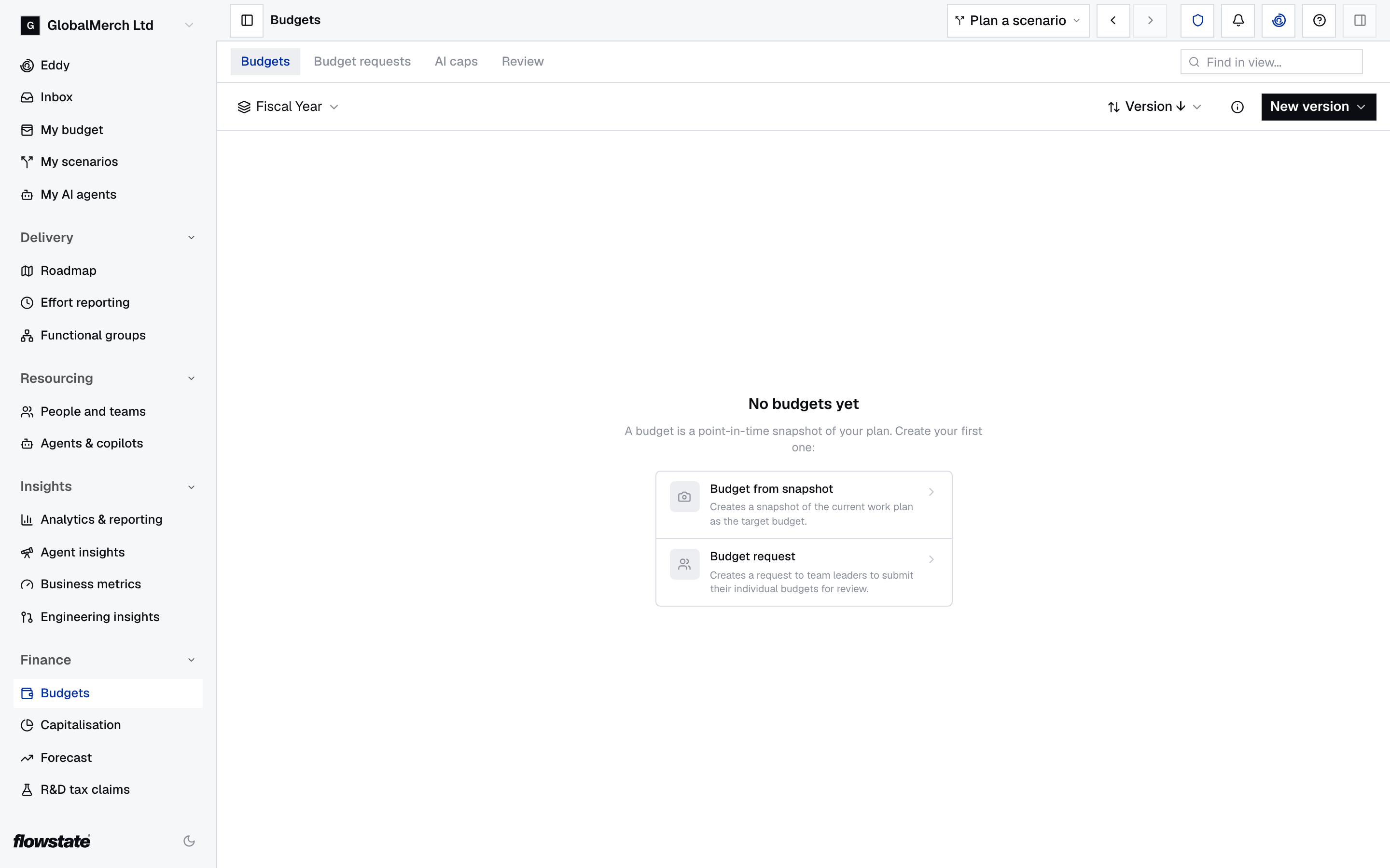 Budgets page with no budgets yet, offering Budget from snapshot or Budget request, and a New version button