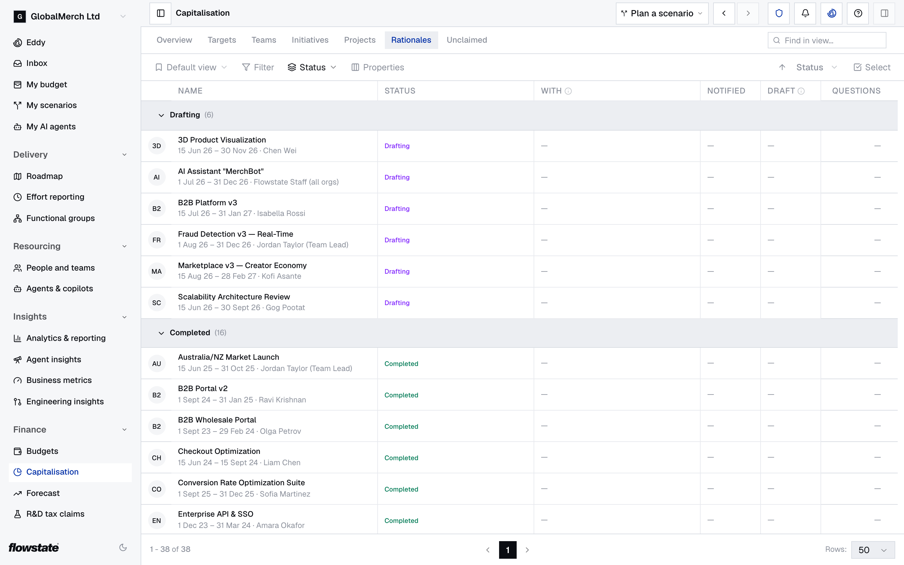 Rationales tab grouping projects under Drafting and Completed, with Status, With, Notified, Draft and Questions columns