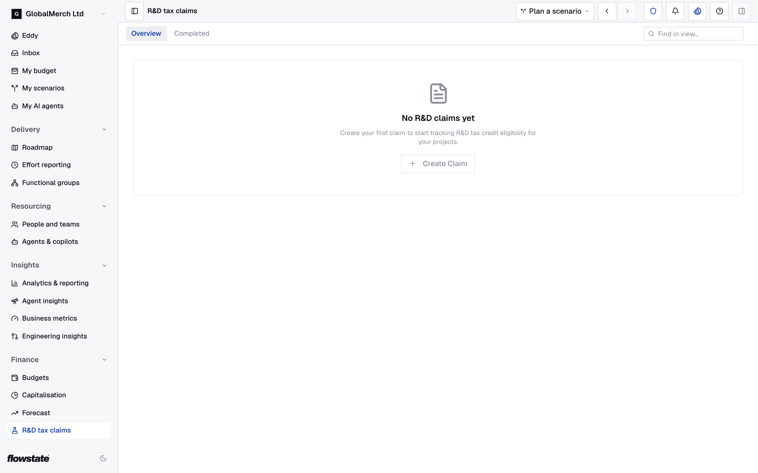 R&D tax claims Overview with no claims yet and a Create Claim button
