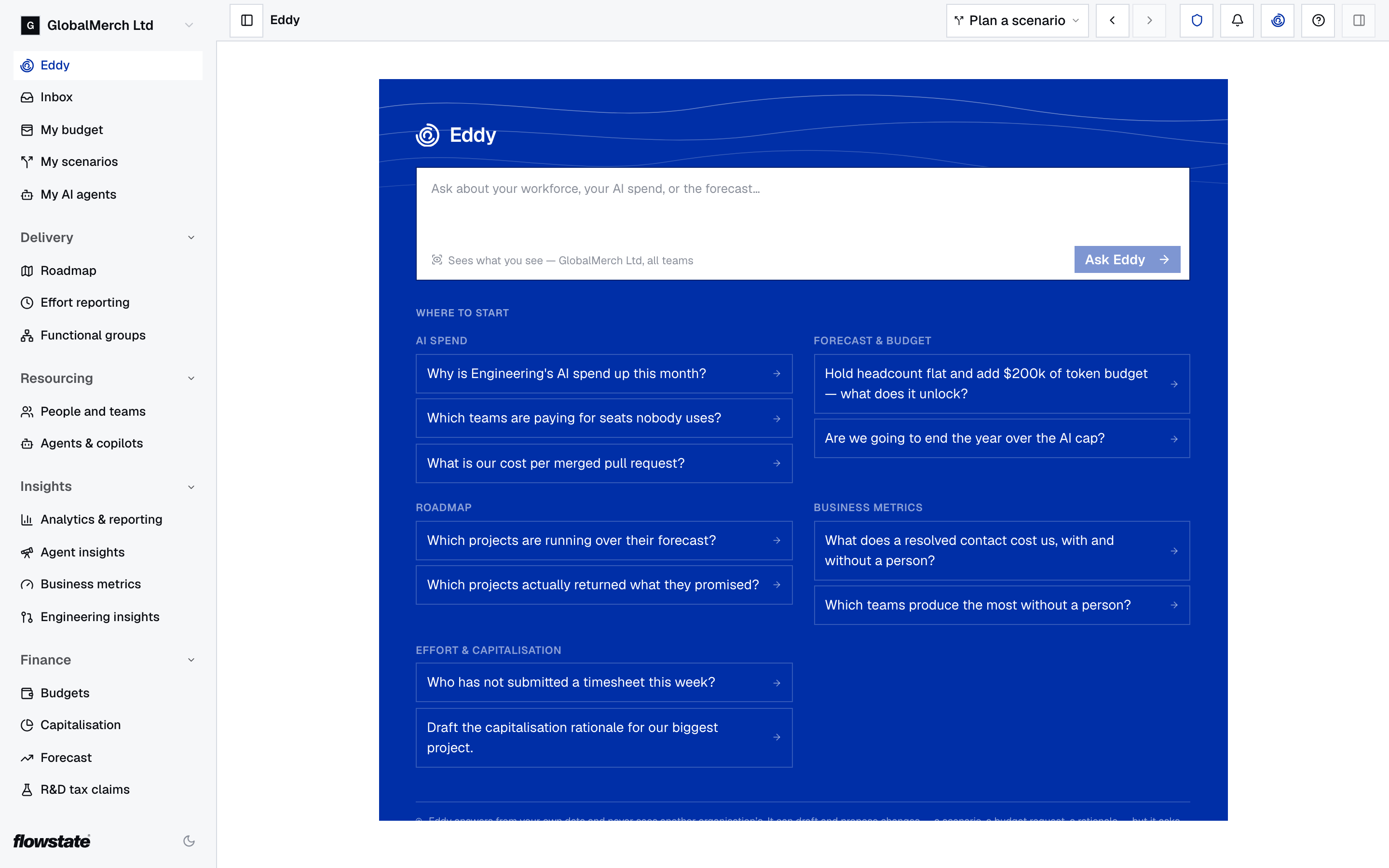 Eddy page with a question box and suggested questions under Where to start, grouped into AI spend, forecast and budget, roadmap, business metrics, and effort and capitalisation